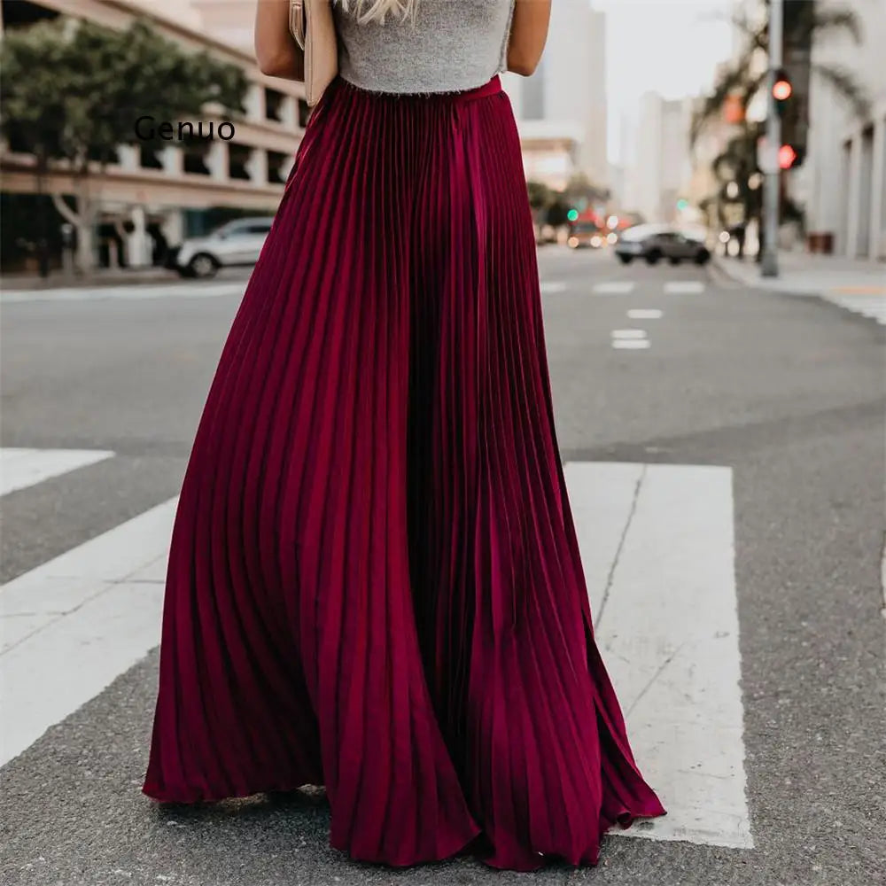 Sexy Red Wine Maxi Pleated Skirt Women 2022 Fashion Autumn Winter Long Plissee Skirts Korean Style  Jupe Longue Femme