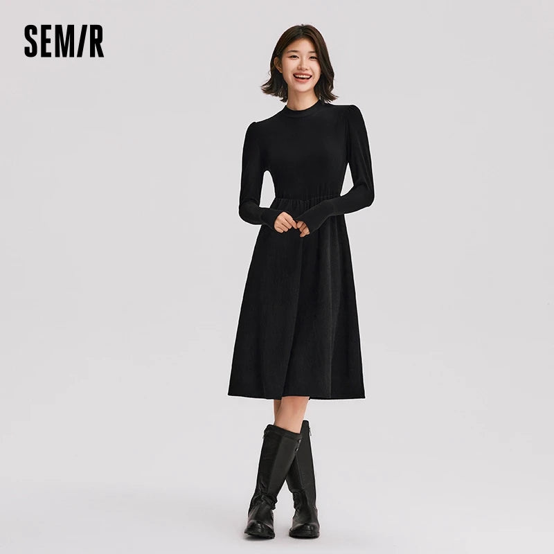 Semir Dress Women Mid-Length Slim Fit Shoulder-Fitting Inner Wear Elegant 2024 New Winter Patchwork Corduroy Little Black Dress