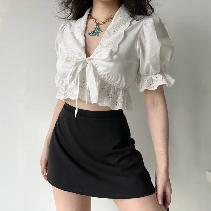 HOUZHOU Ruffle White Shirt Women Crop Top Sexy Hollow Out Elegant Puff Sleeve V-neck Bow Lace-up Blouses Summer Cute Short Shirt