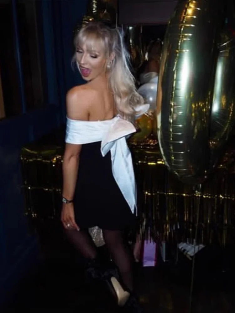 Sexy Mini Pary Dress Women Backless Big Bow Off Shoulder Elegant Female Evening Drsses 2024 Fashion Club Lady Short Gown Robe