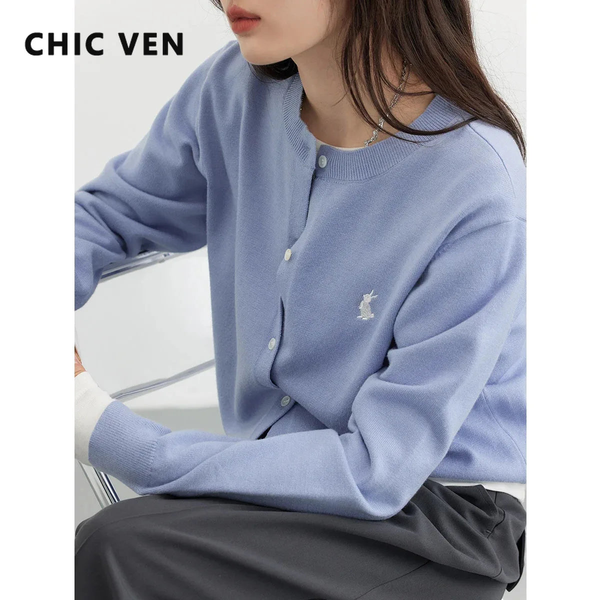 CHIC VEN Women Cardigan New Multi Color Basic Female Jumpers Solid Rabbit Embroidery Knitted Woman Sweater Autumn Spring 2023