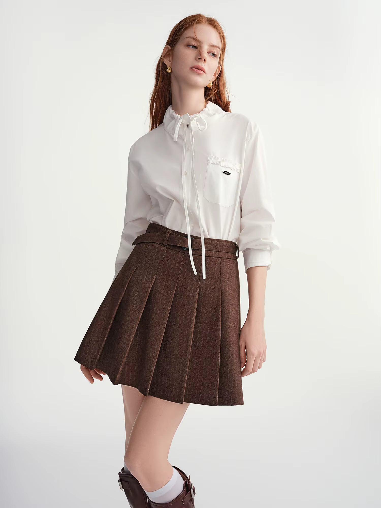 Plus-Size Women's Dark Stripe Pleated Skirt with Fabric Belt Fall-Winter 2025 New Arrival A-Line Mini Skirt Brown Skirts