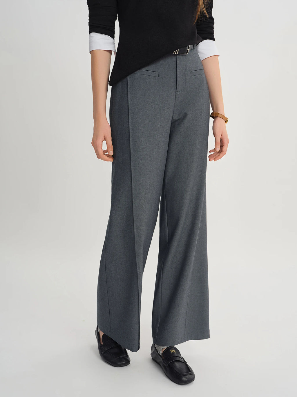 DUSHU Autumn 2025 Women's Wide Leg Trousers - Structural Seam Detail Horizontal Pocket Office Casual Pants with Relaxed Fit