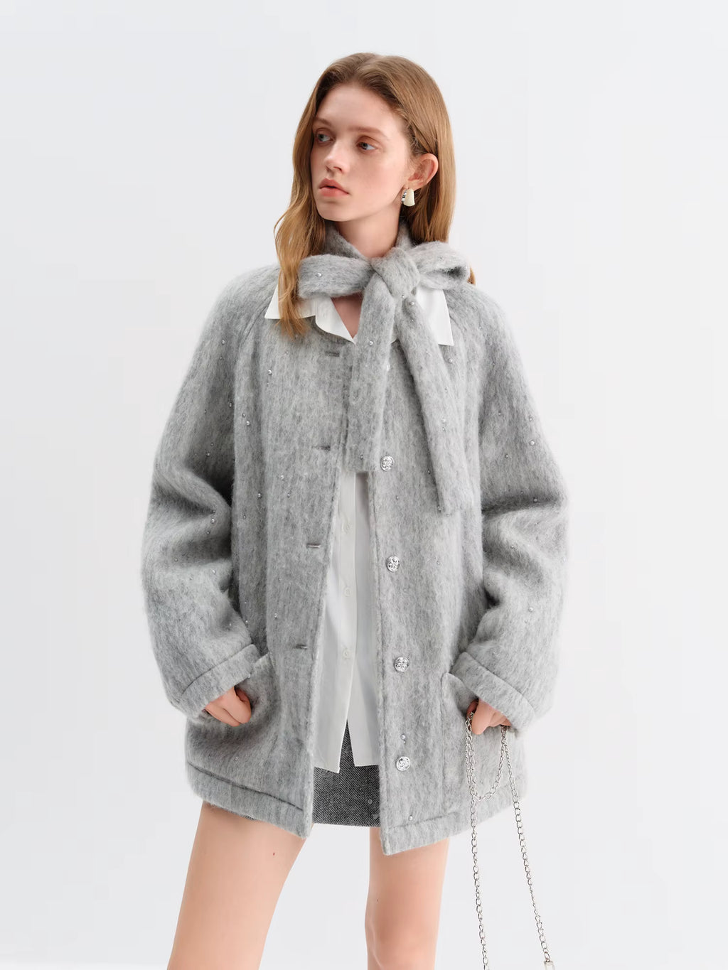 2025 Winter Women's Light Grey Wool Scarf Collar Short Coat - Elegant Pearl-Inspired Design for Casual and Office Wear