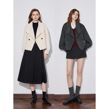 TOYOUTH Women Double Sided Woolen Coat 2024 Autumn and Winter New Lapel Collar Lantern Sleeve One Button Short Style Jacket Coat