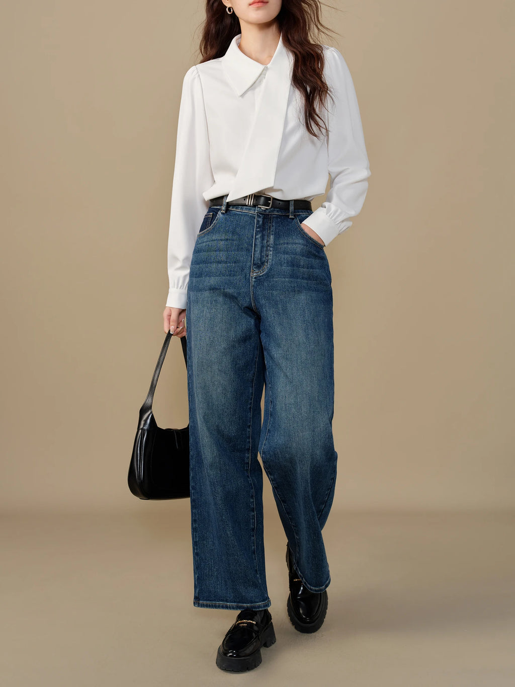 DUSHU Plus Size Women's Asymmetric Collar Shirt 2024 Winter New Commuting Simple Versatile Long Sleeved Shirt for Women