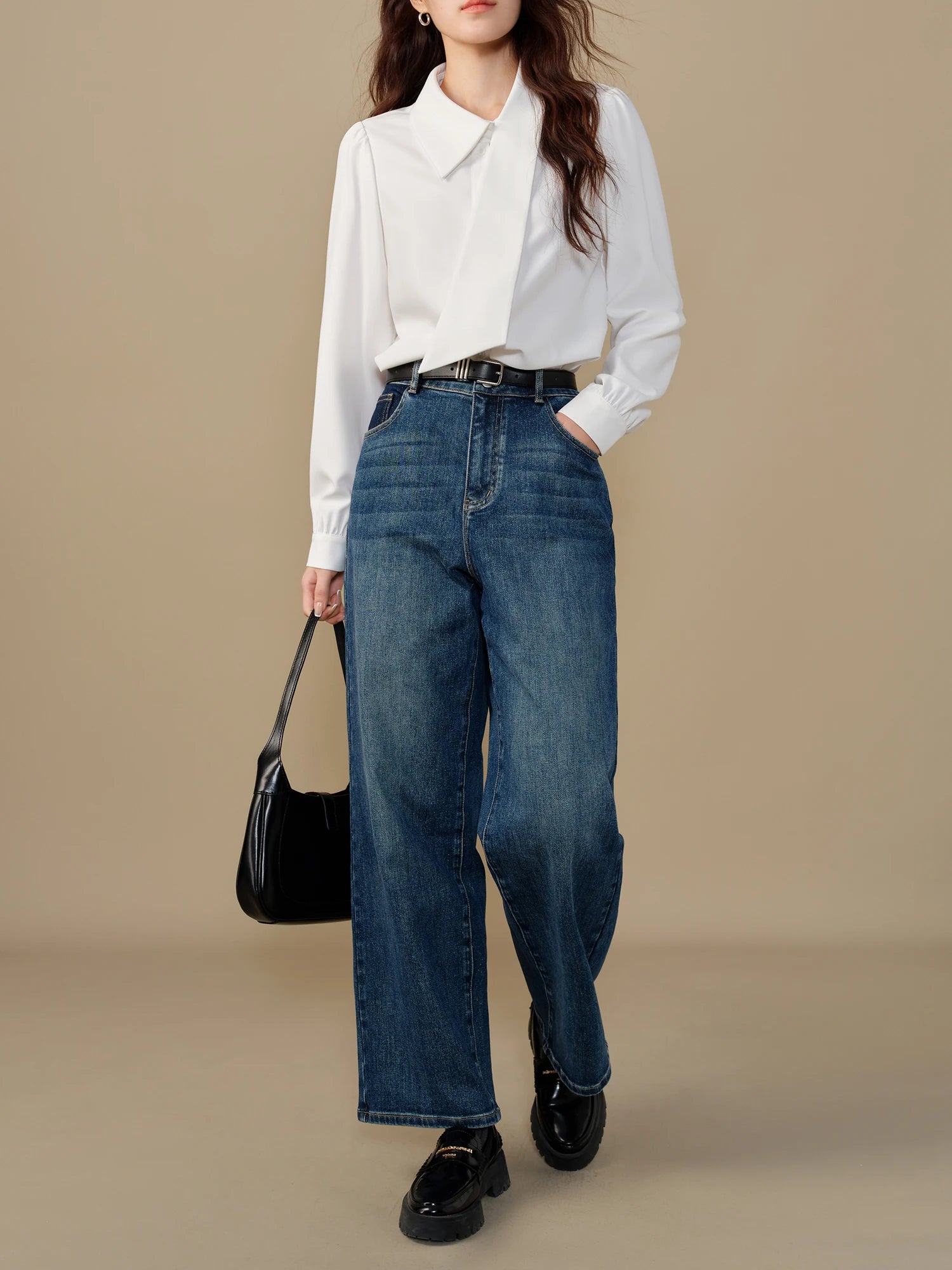 DUSHU Plus Size Women's Asymmetric Collar Shirt 2024 Winter New Commuting Simple Versatile Long Sleeved Shirt for Women