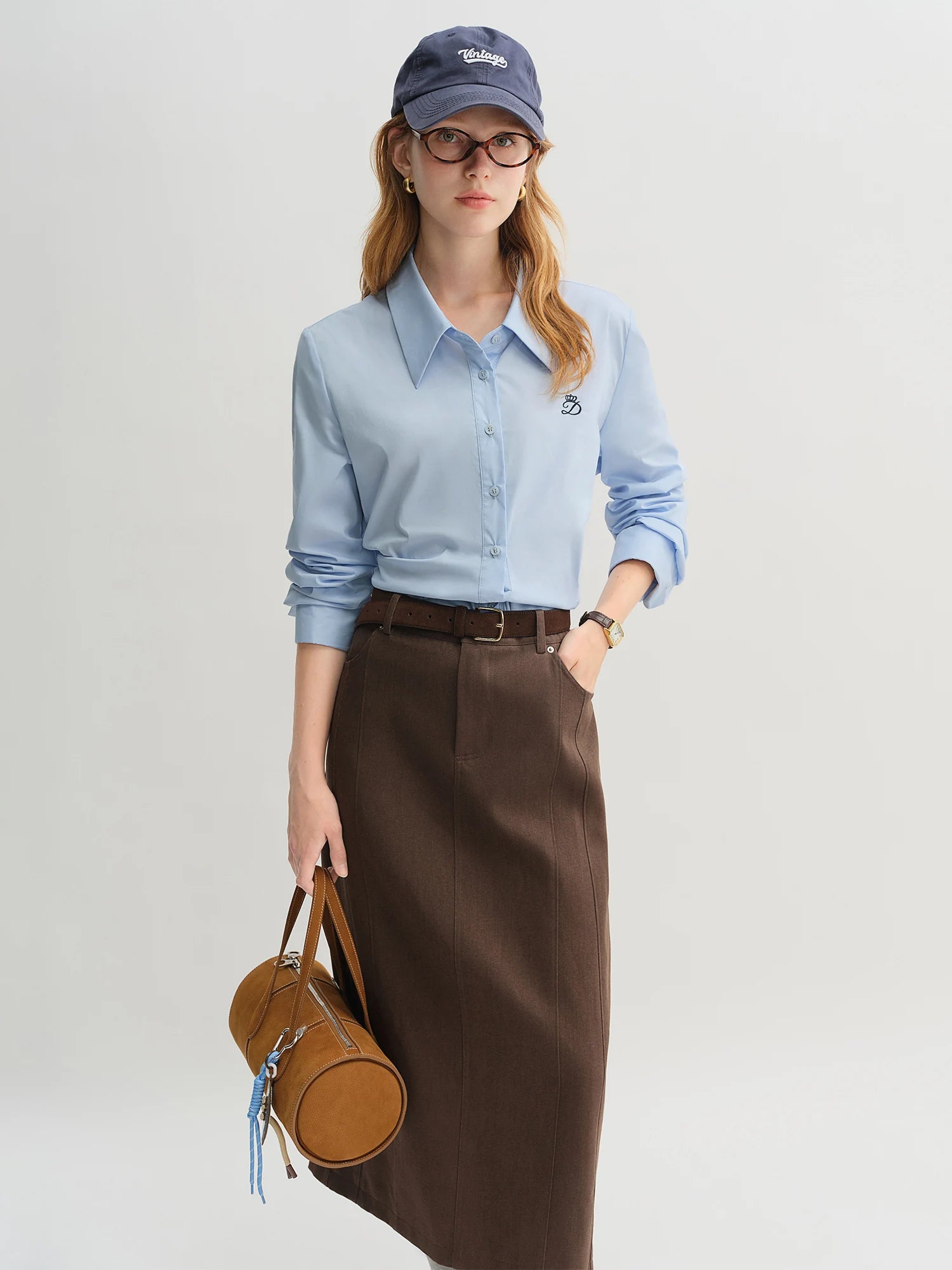 DUSHU Pleated Tie Waist Tricolor Shirt 2025 Autumn New Shirt Slim Tops A-line Skirts Women Suits