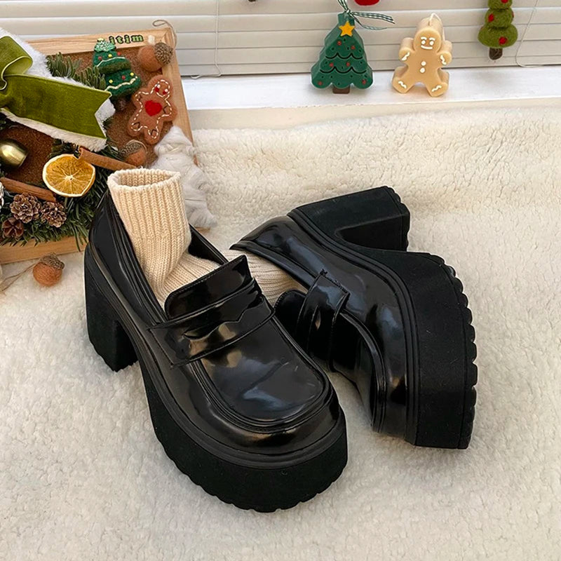 Super High Heels Loafers Women 2024 Spring Patent Leather Chunky Platform Pumps Woman Slip On Black Jk Uniform Shoes Mary Janes