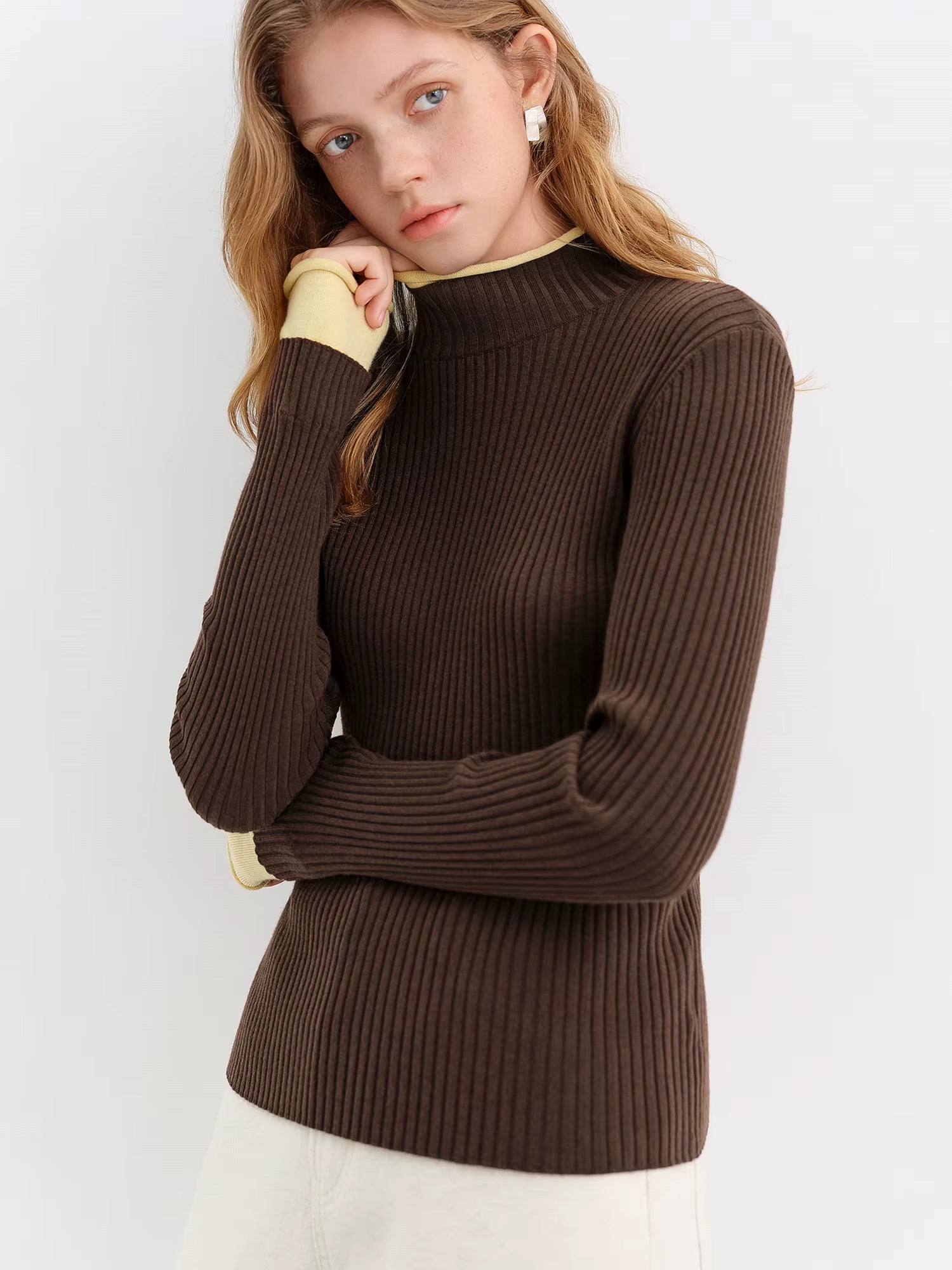 Autumn Winter Women's Color Block Fake Two Piece Style Slim Knit Sweater Office Elegant Pullover Casual Commute Chic Tops