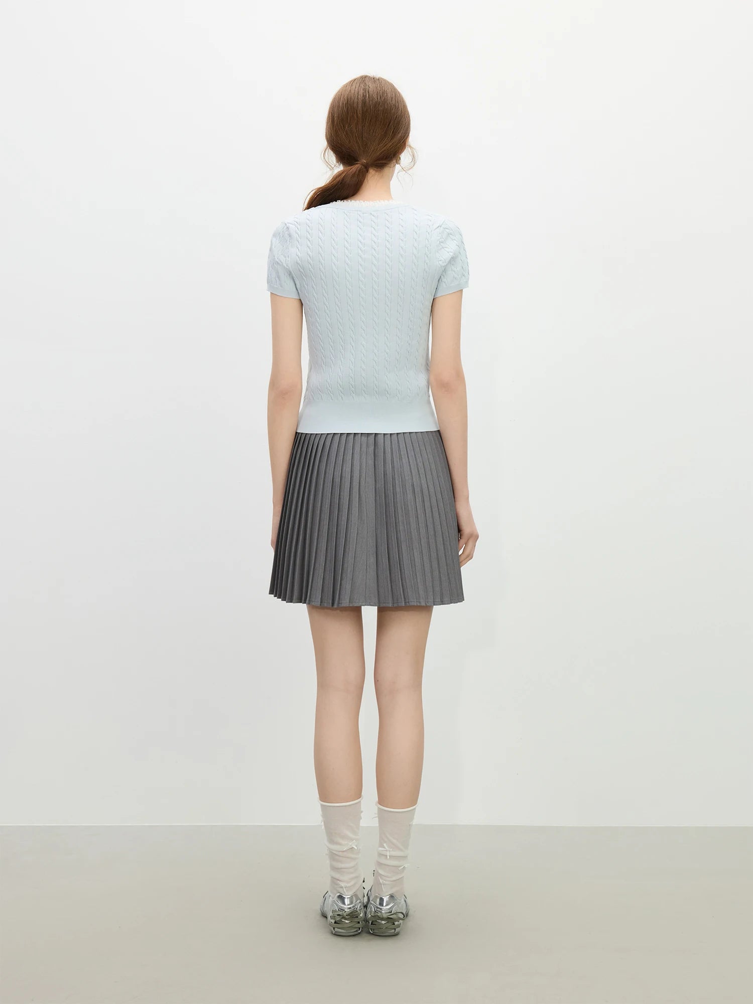 FSLE Youthful Cable Knit Two-Piece Top 2025 Summer Lace Trim Collar Slim Fit Day to Night Outfit Casual Loose Tops
