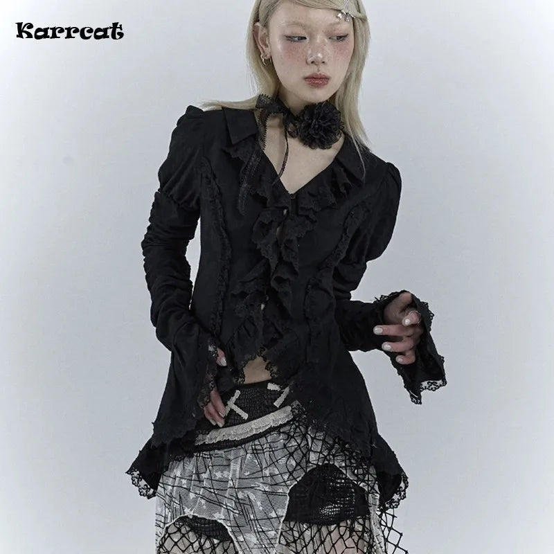 Black Lace Shirt Dark Aesthetic Irregular Blouses Yamamoto Style Grunge Flare Sleeve V-neck Shirt Vintage Y2k Emo