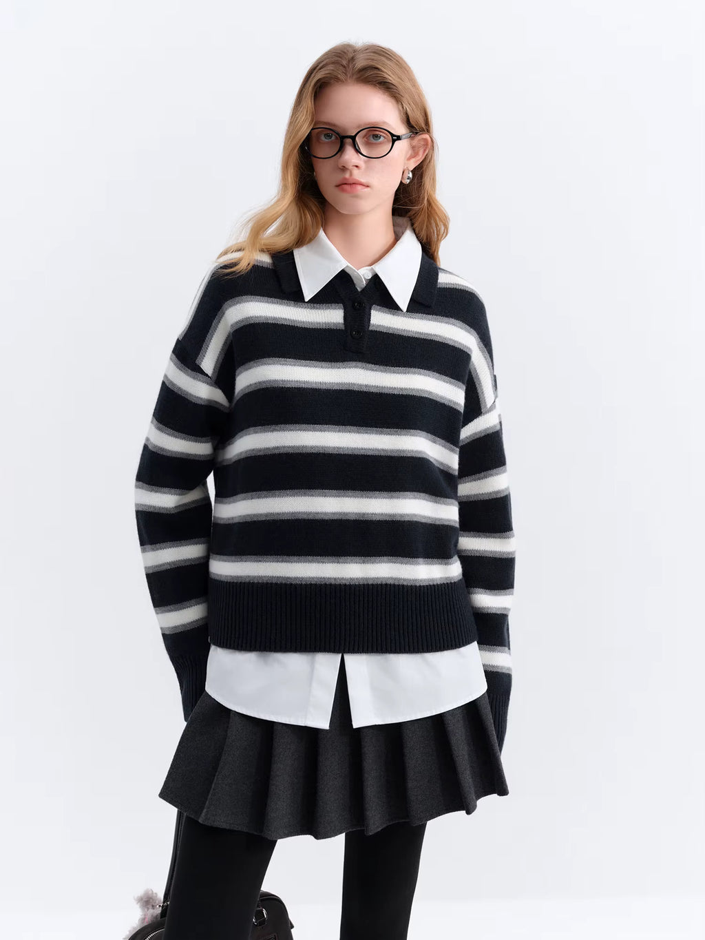 Casual Contrast Color Striped Turn Down Collar Sweater Women Loose 2025 Winter New Retro Sweater Soft Cozy Homewear