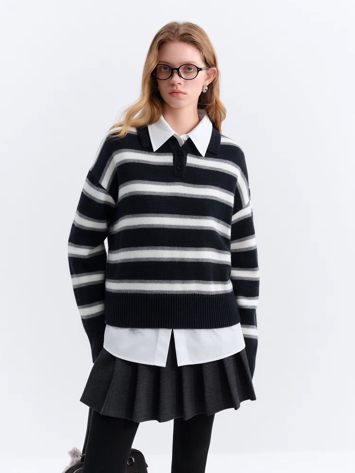 Casual Contrast Color Striped Turn Down Collar Sweater Women Loose 2025 Winter New Retro Sweater Soft Cozy Homewear