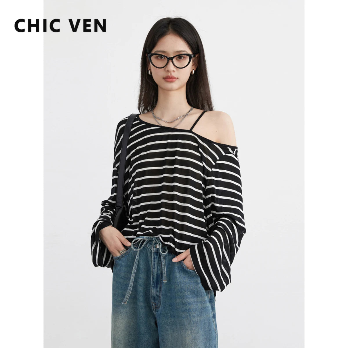 CHIC VEN Women T-shirts Korean Casual Long Sleeve Striped Thin Knitted T-shirt Fashion Design Tops Female Clothing Autumn 2024