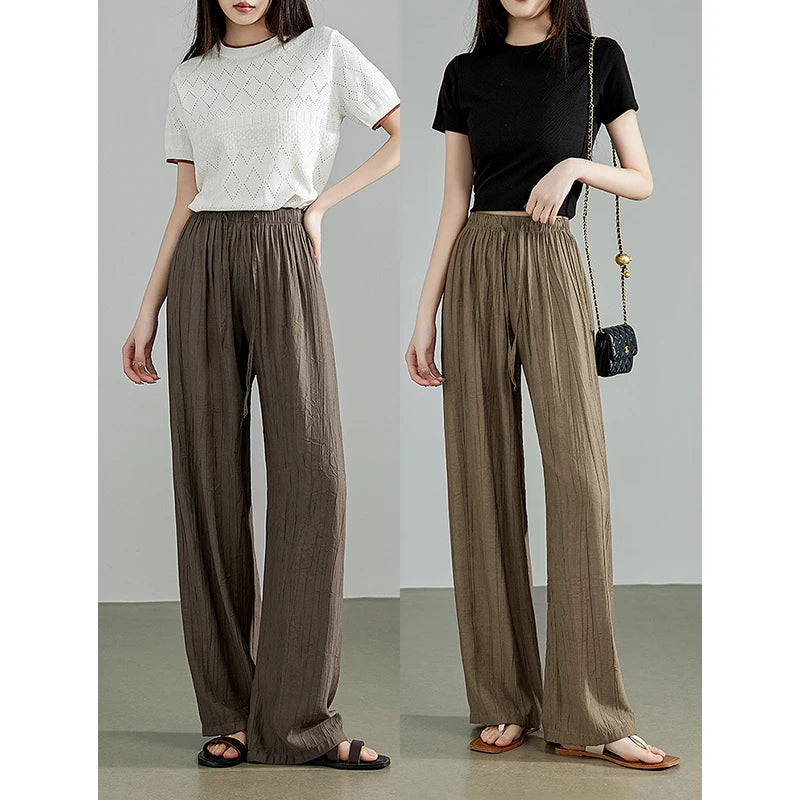 TOYOUTH Women Casual Pants 2024 Summer New Wrinkle Pattern Lazy Style Elastic Waist Stright Wide Leg Yamamoto Pants