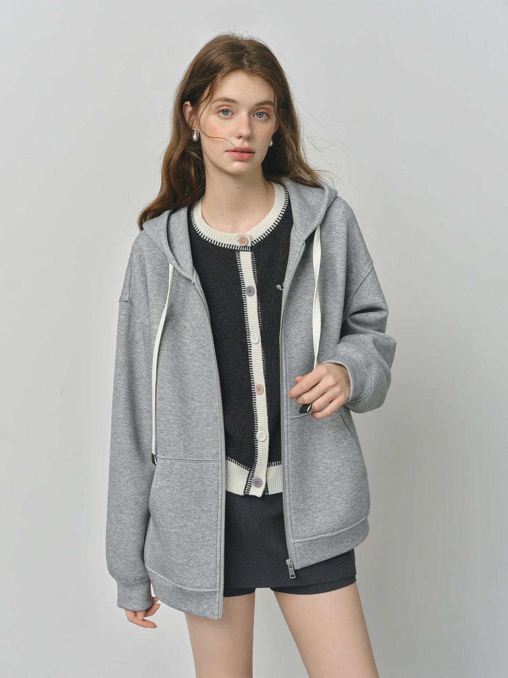 FSLE Autumn 2025 Women's Drop Shoulder Sweatshirt - Textured Open Front Relaxed Fit Casual Layer Loose Knit Top