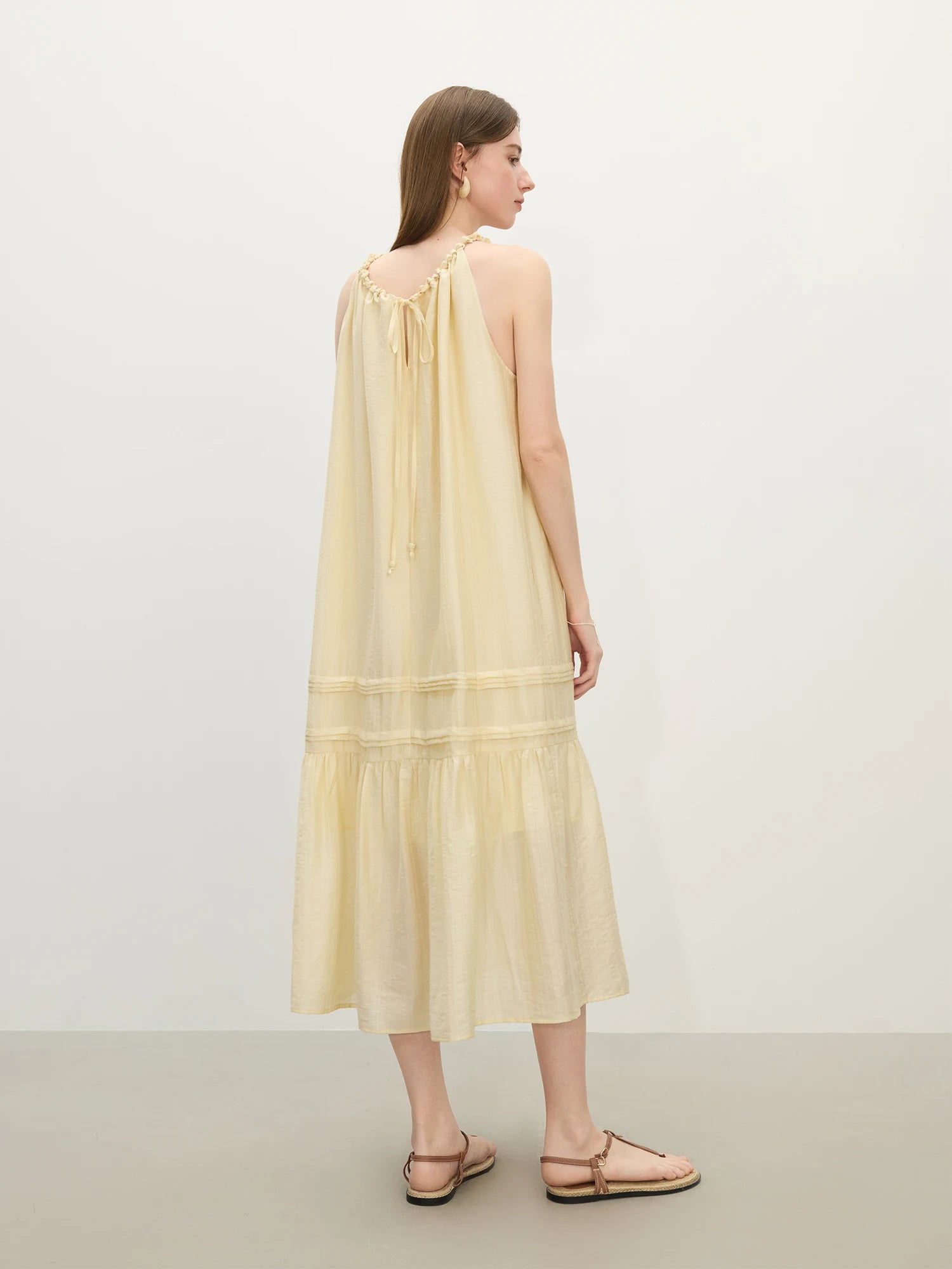 FSLE 2025 Summer Women's Sunshine Yellow Cross-Back Maxi Dress - French-Inspired Relaxed Fit & Beach-Ready Linen Blend Dress