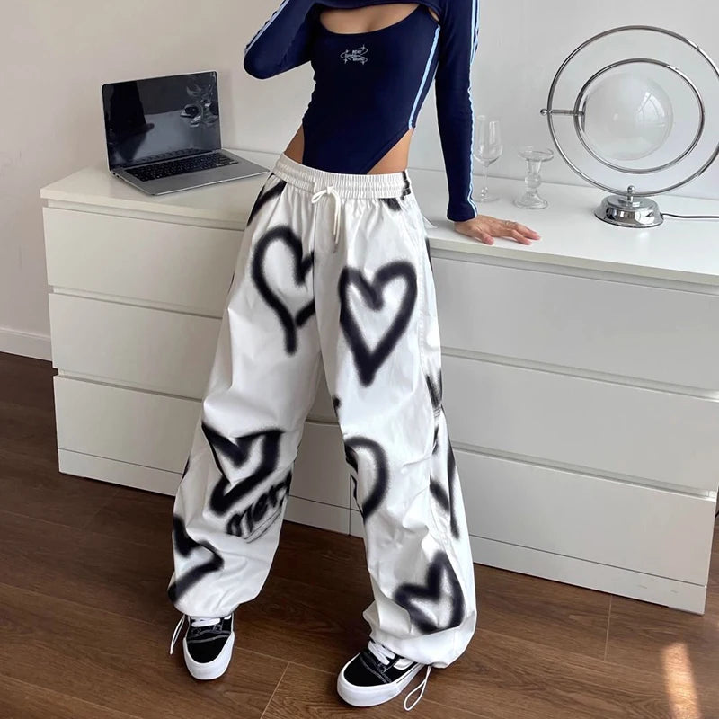 Y2K Love Graffiti Wide Leg Pants Women High Waist Streetwear Loose Drawstring Jogging Trousers Female Korean Casual Sweatpants