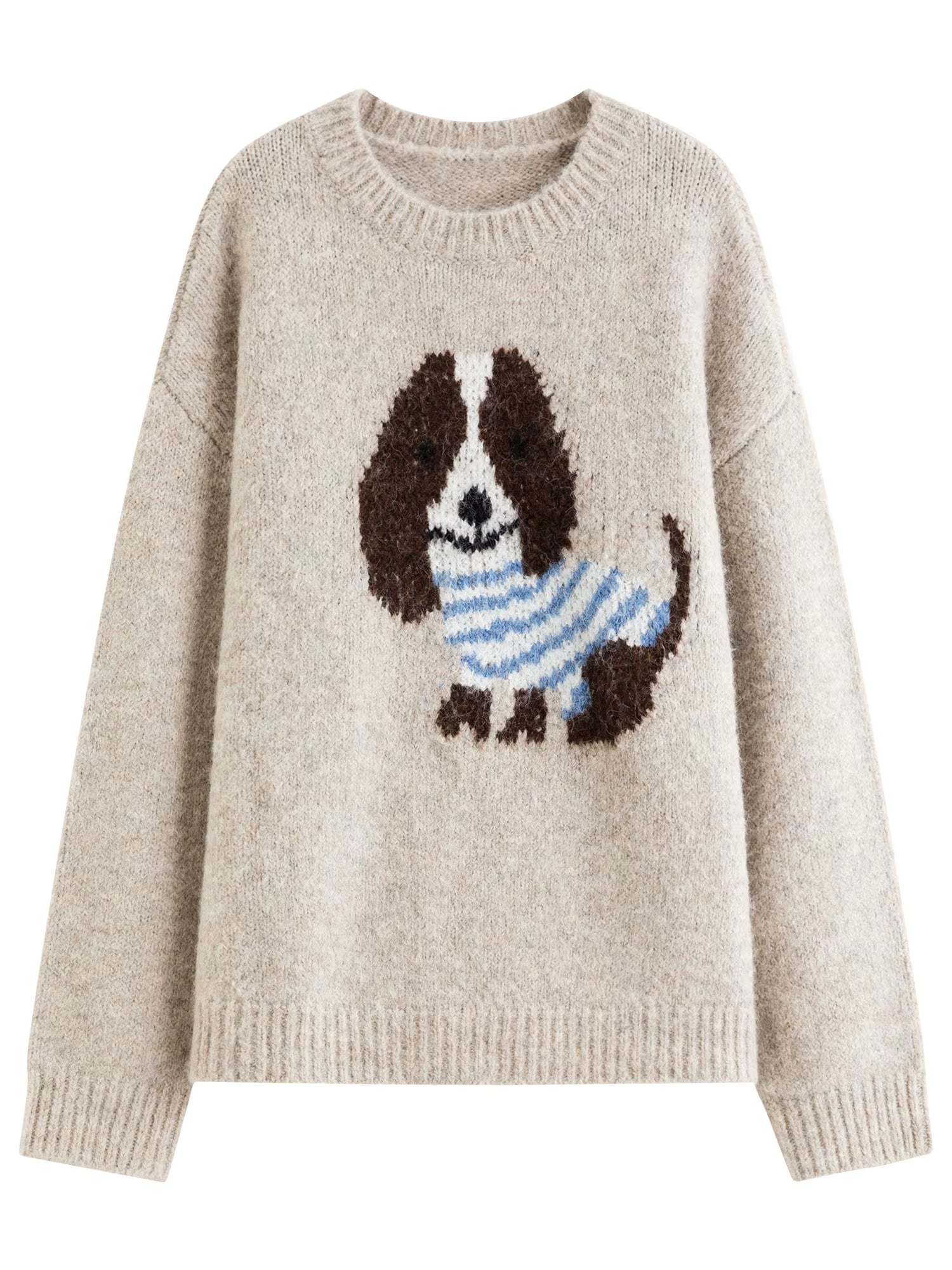 Round Neck Wool Cartoon Puppy Pattern Knitted Sweater Top for Women New Winter 2025 Style Age-reducing Leisure