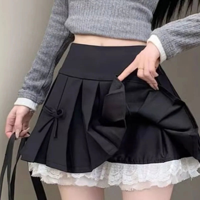 Preppy Style Skirts for Women Mini Pleated Bow Sweet Girls A-line Summer Fashion Clothing High Waist Ins Korean Lace Patchwork