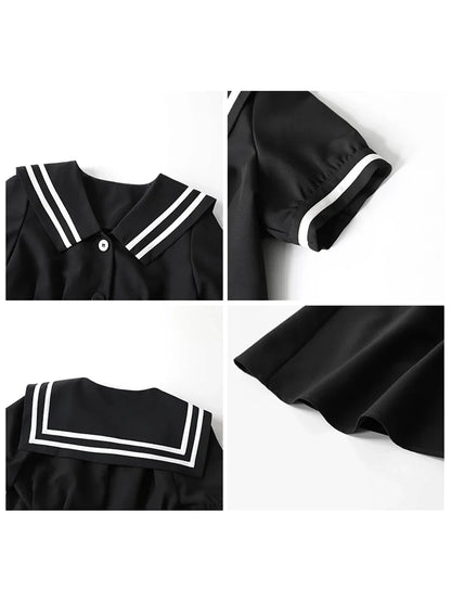 CHIC VEN Korean Women's Dresses Black Short Sleeve Navy Collar Dress for Women Office Lady Female Party College Summer 2022