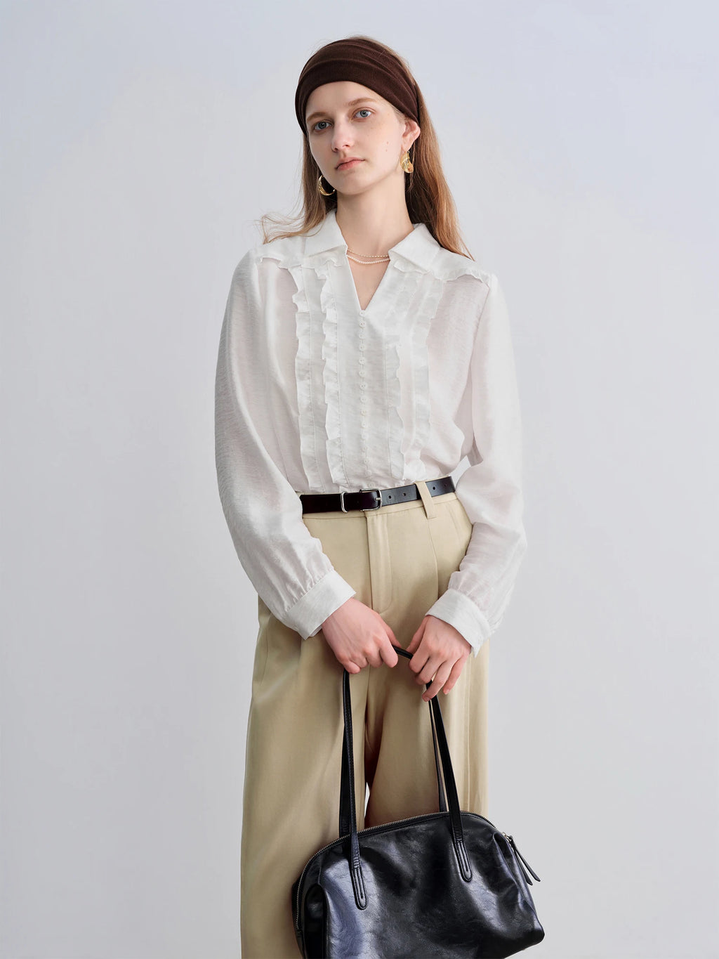 ZIQIAO Autumn 2025 Women's French Inspired Blouse - Soft Lace Trim White Top Ruffle Detail Gentle Style Casual Elegant Shirt