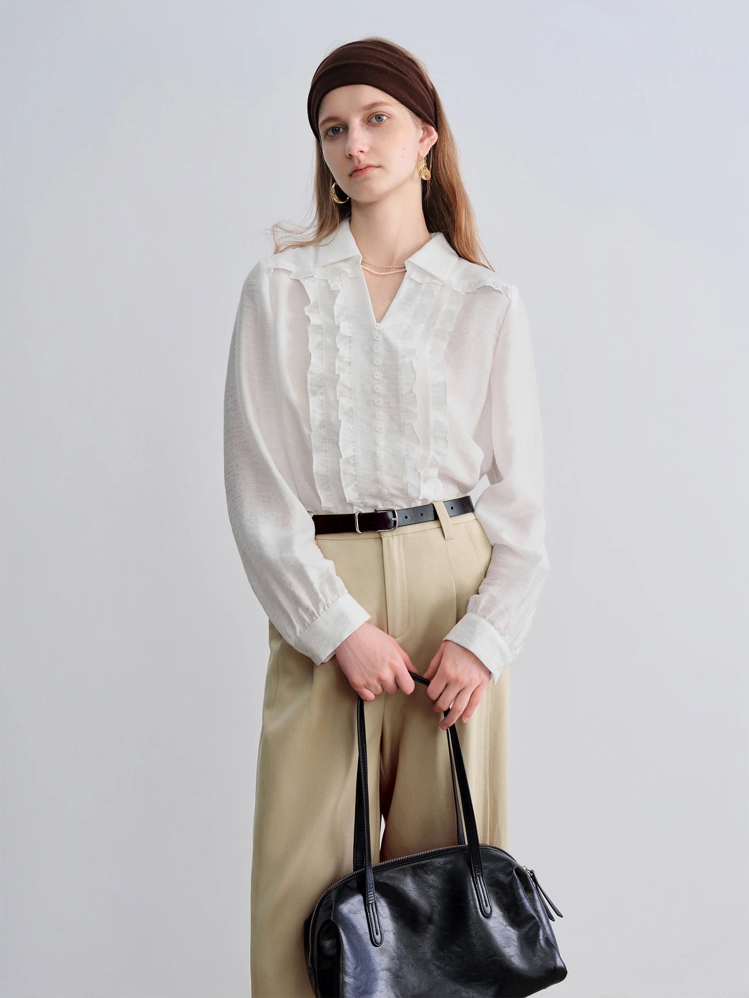 ZIQIAO Autumn 2025 Women's French Inspired Blouse - Soft Lace Trim White Top Ruffle Detail Gentle Style Casual Elegant Shirt