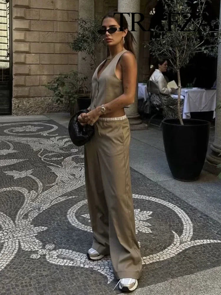 Chic Set Solid V-Neck Sleeveless Single-Breasted Waistcoat+High Waist Elastic Waist Pockets Drawstring Long Pant