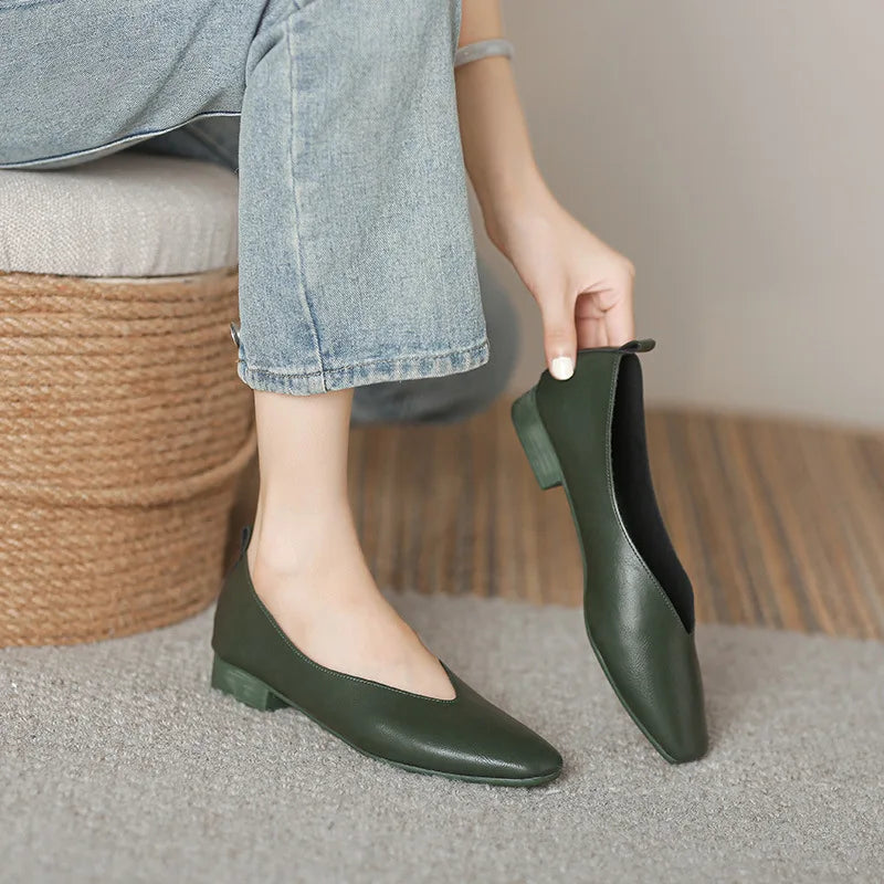 Woman Elegant Summer French Square Toe Green Mary Janes Cute Casual Flats Female Retro Shoes Low Heeled Soft Soled Flat Shoes