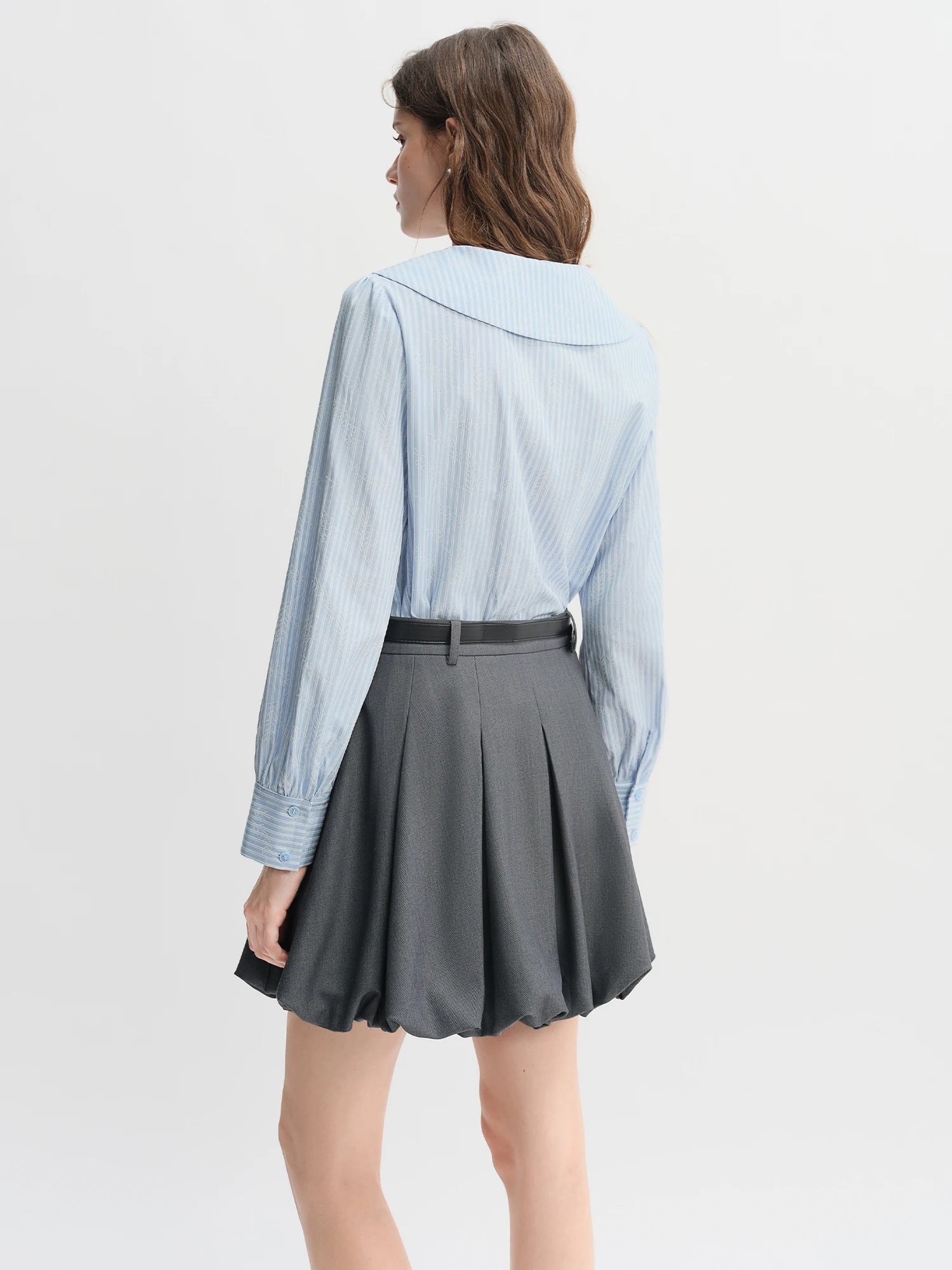 DUSHU Plus Size Women's Navy Collar Bow-Decorated Striped Shirt Dress 2025 Autumn Collection Gentle Youthful Style