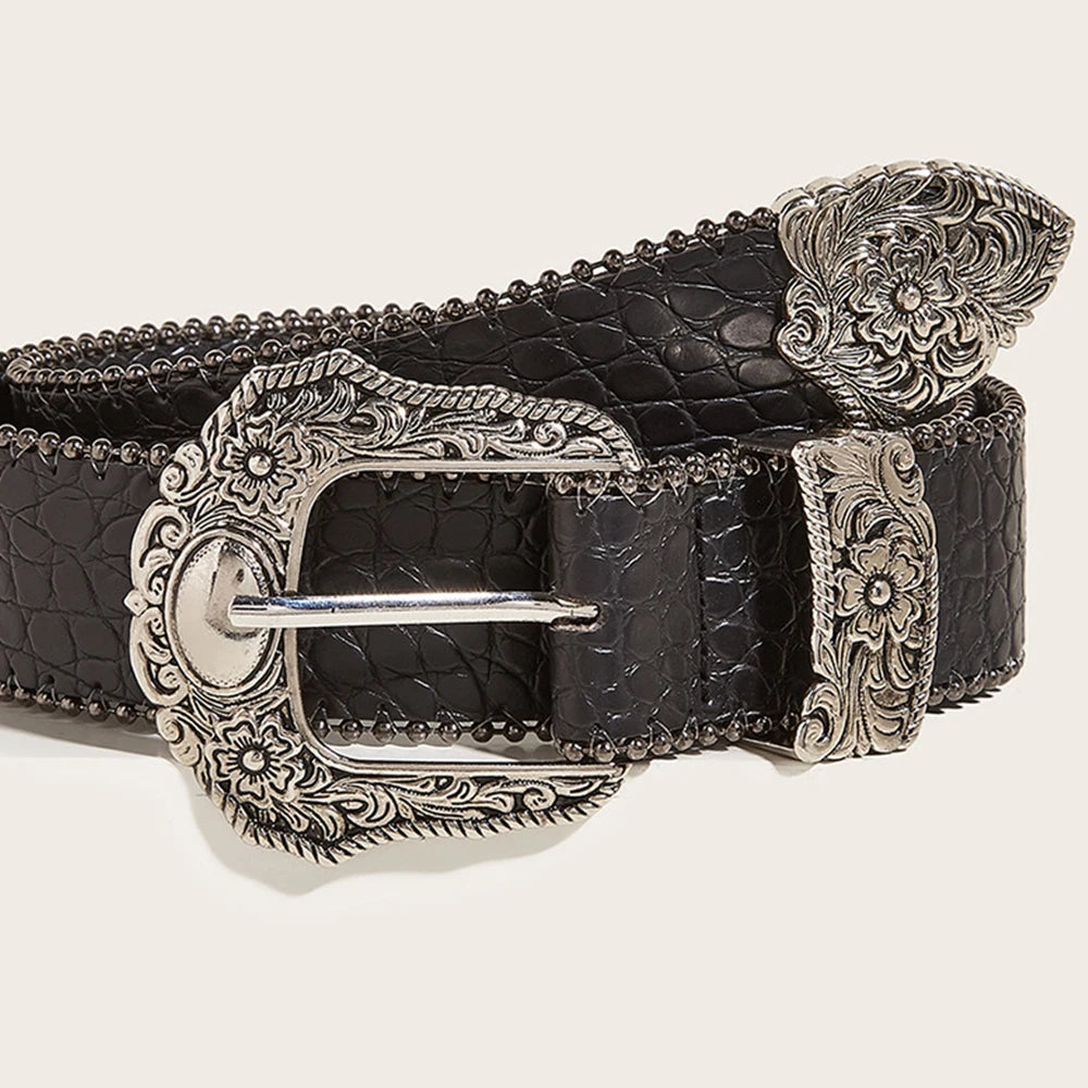 Fashion Gothic Pu Belt for Women Alloy Buckle Jeans Waist Strap Luxury Design Stone Pattern Female Jeans Waistband Y2k Accessory