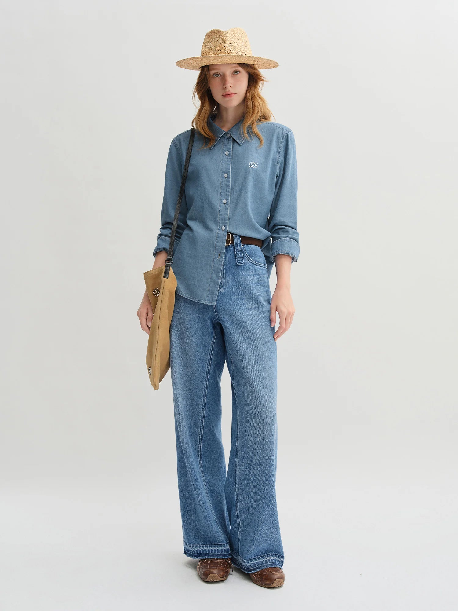 DUSHU Plus Size Double Collar Design Denim Shirt For Women 2025 New Arrival Autumn French Style Top