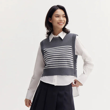 Semir Sweater Women Striped Vest Solid Color Shirt 2024 Autumn New Loose Two-Piece Pullover Sweater
