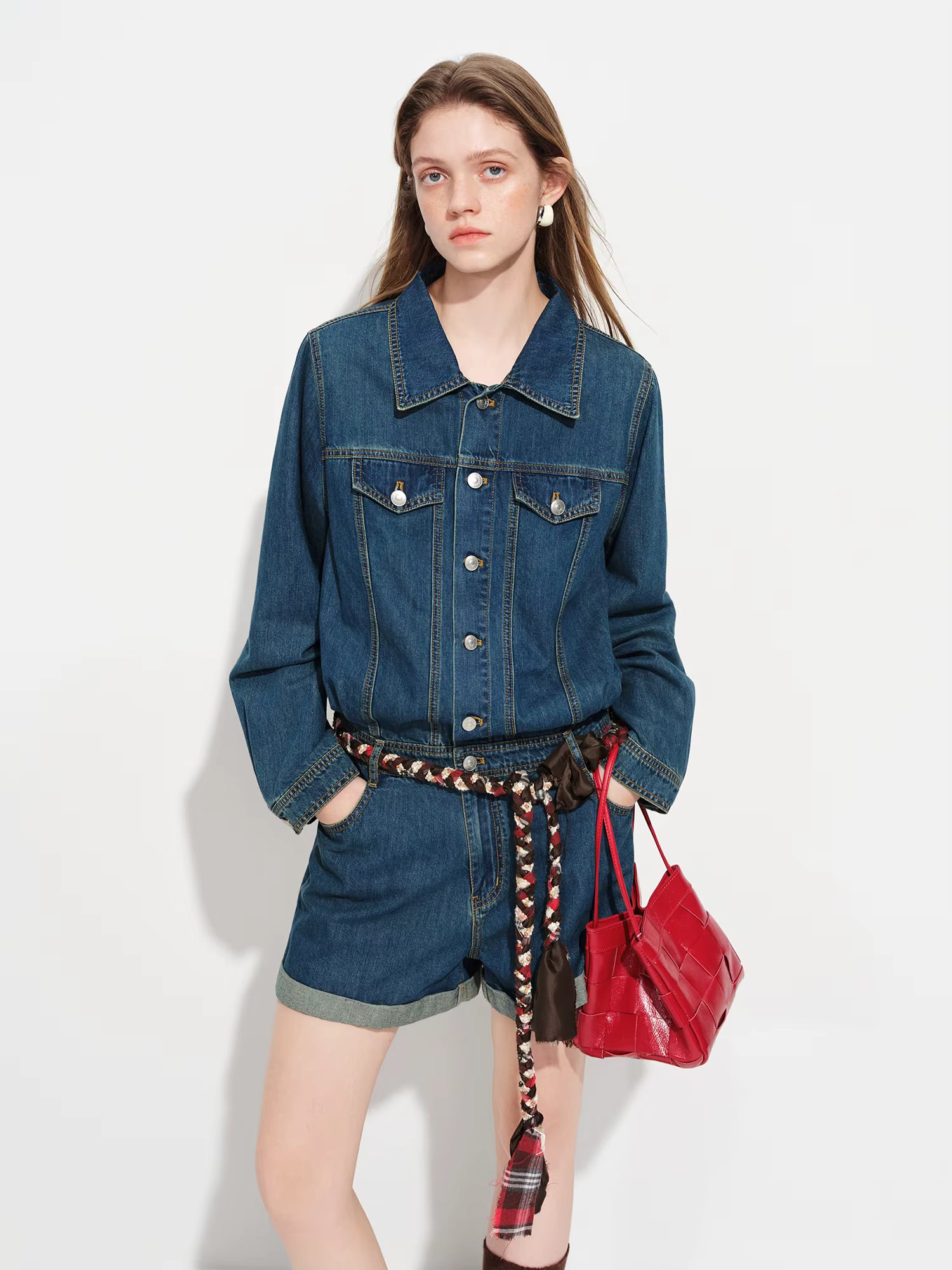 2026 Spring Women's Retro Turn-Down Collar Denim Jumpsuit - Classic Commute Style Wide Leg Overall for Office Daily Wear