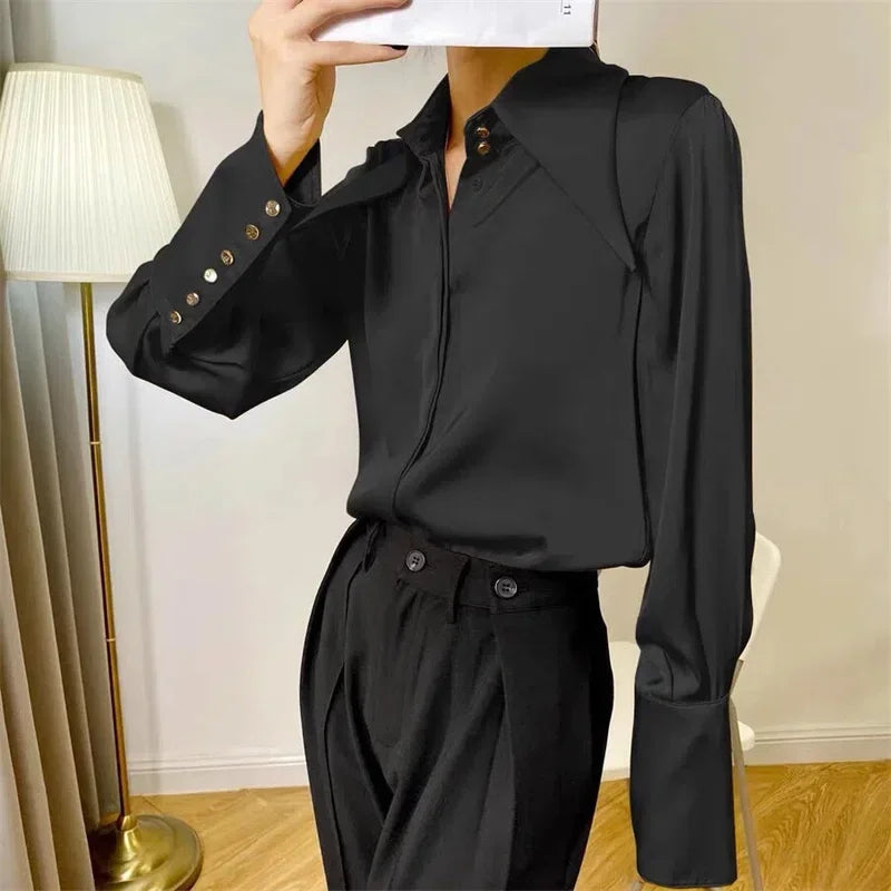 Streetwear Design Satin Shirts Blouses Women Korean Smooth Pointed Collar Camisas Casual Chic Office Tops New Long Sleeve Blusas
