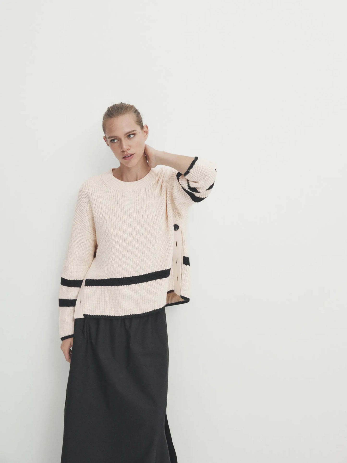 Ethereal MD 2023  autumn new style of French striped side button split knit long-sleeved sweater