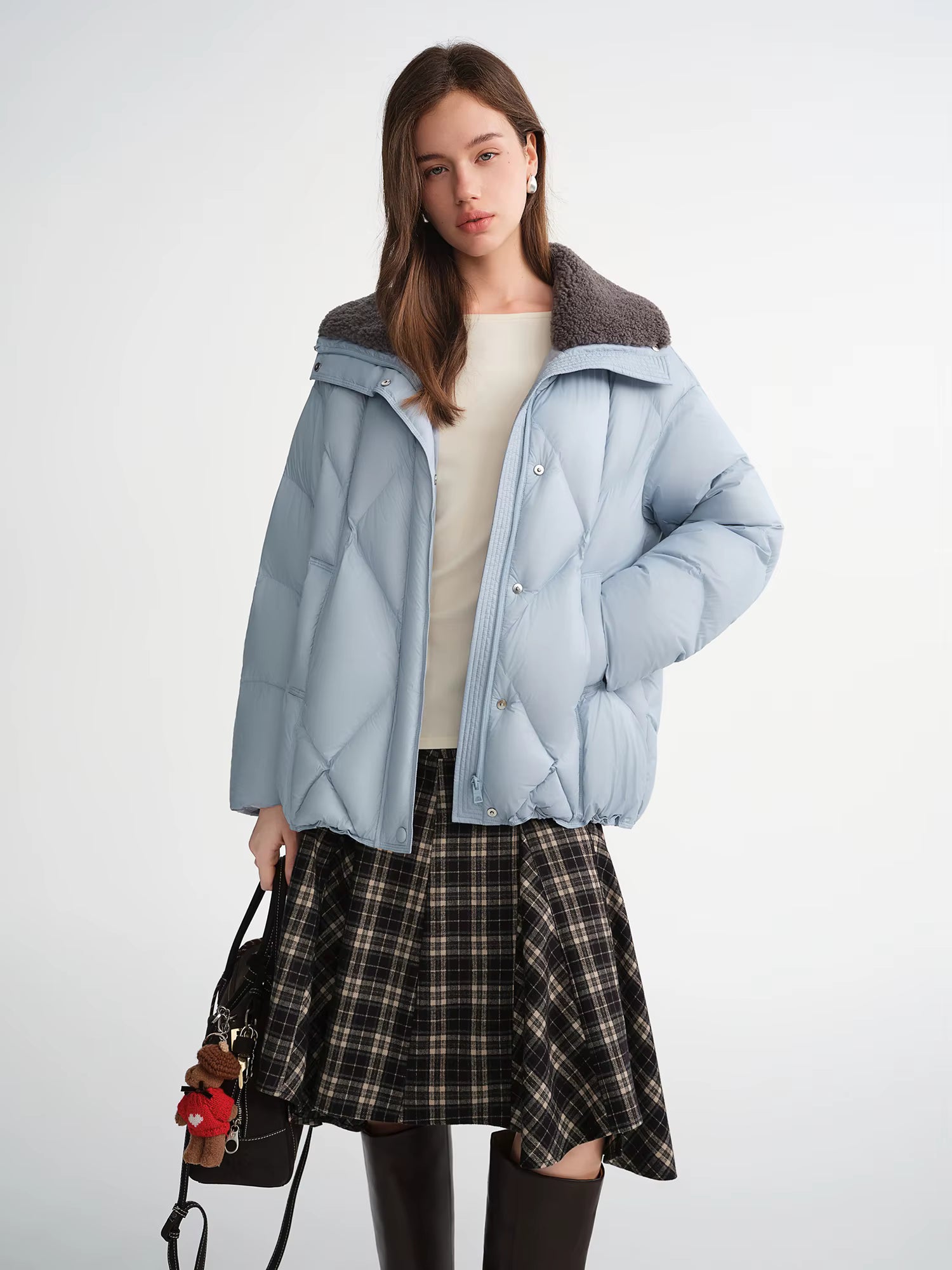 Furry Lapel Quilted White Duck Down Coats Women Casual Daily Retro Simple Loose Short Warm Coat Contrast Color Girlish BF