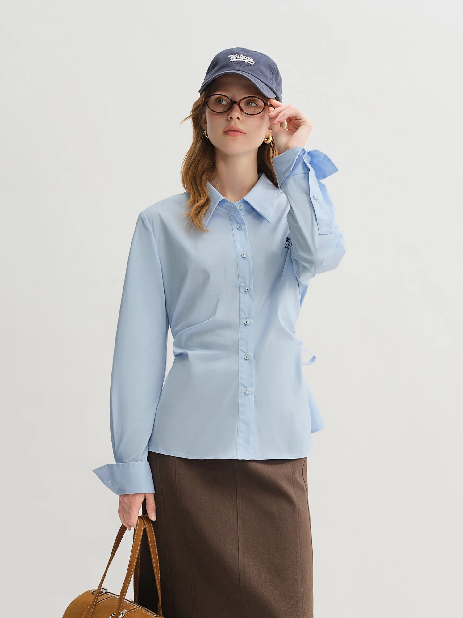 DUSHU Pleated Tie Waist Tricolor Shirt 2025 Autumn New Shirt Slim Tops A-line Skirts Women Suits