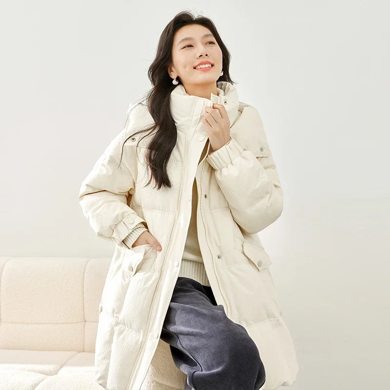 VIMLY Women's Office Lady Down Jacket Winter White Duck Down Jacket Casual Loose Warm Parka Simple Hooded Bread Coat Trendy
