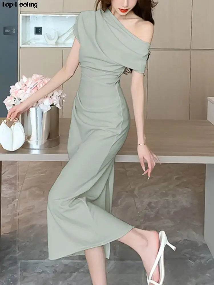 Elegant Off Shoulder Evening Party Dresses Women Summer Fashion Slim One Piece Solid Vestidos Korean Graduation Robe Clothing