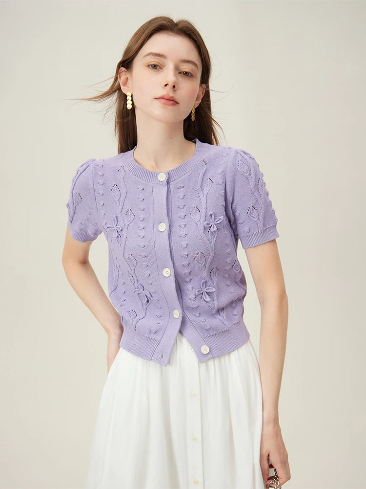 FSLE French Round Neck Knit Cardigan Women's Summer 2024 New Temperament Short Sleeved Flower Red Beige Women Top 24FS12111