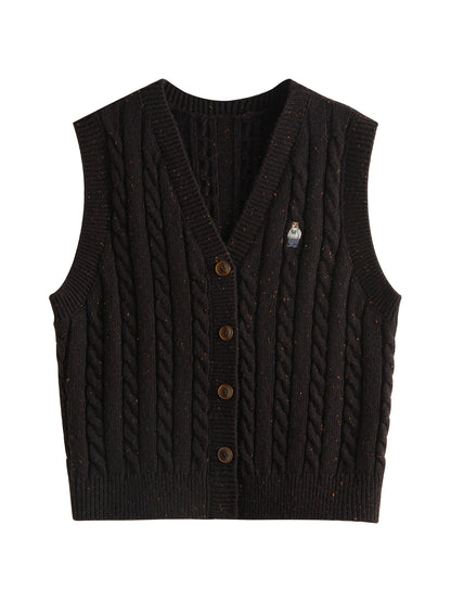 FSLE 11.7% Wool College Style Bear Embroidered Knitted Vest For Women 2024 Winter New Design V-neck Sleeveless Top 24FS14270