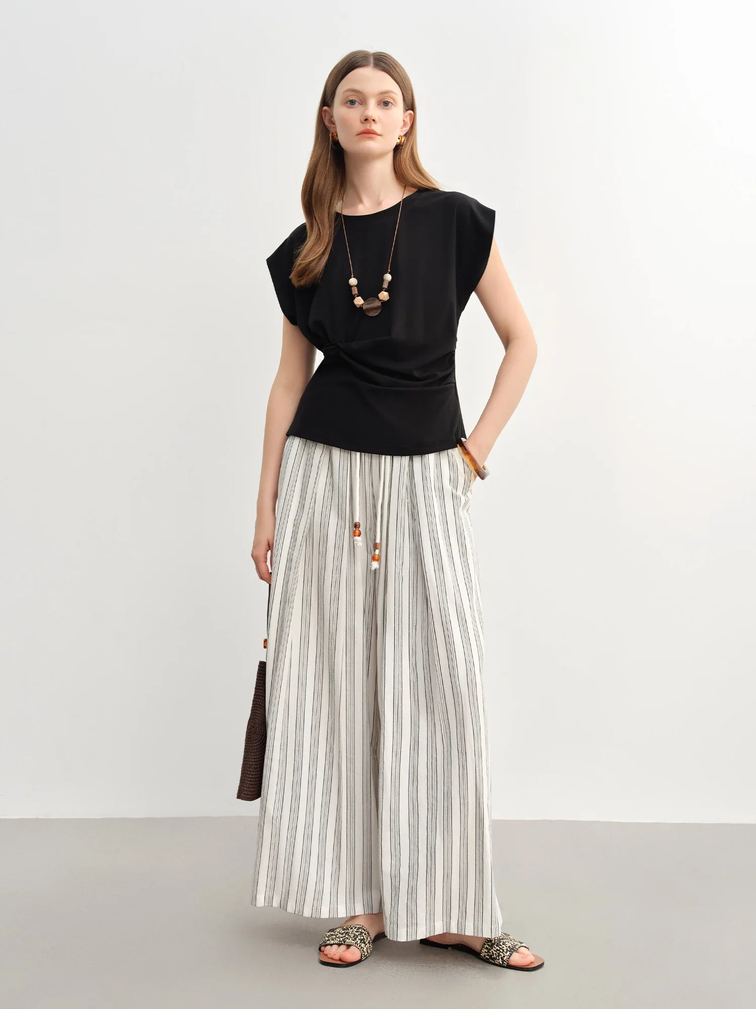 DUSHU 2025 Summer Women's Cinched Waist T-Shirt - Flattering Silhouette Short Sleeve Top with Stylish Design Details