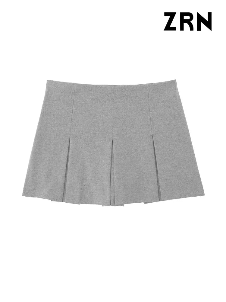 ZRN Women Fashion With Pleated Shorts Skirts Vintage High Waist Side Zipper Female Skort Mujer