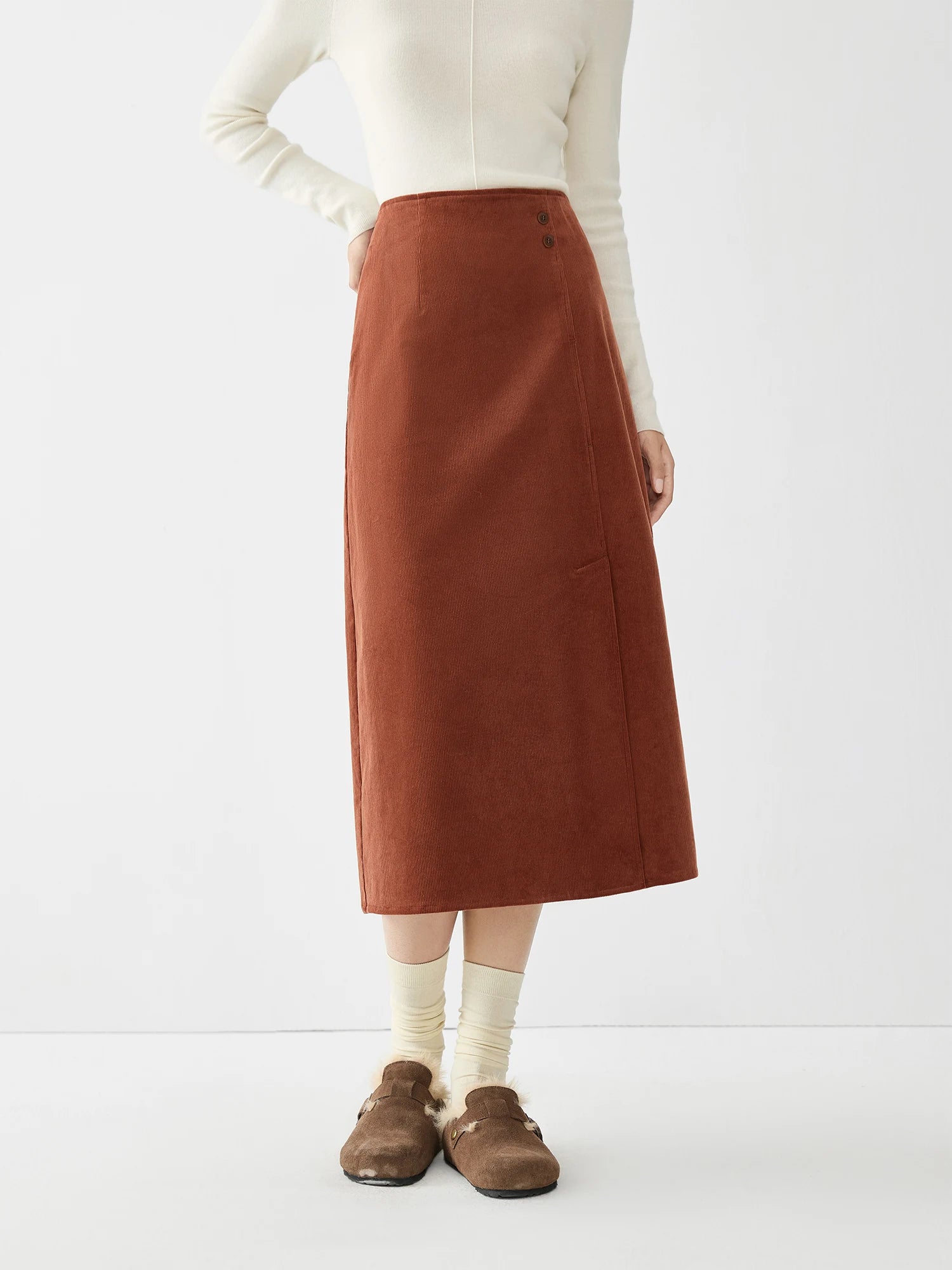 FSLE Women Corduroy Long Skirts Zipper Waist Asymmetric Design Winter Beige Female A-LINE Skirt With Lining 24FS14672