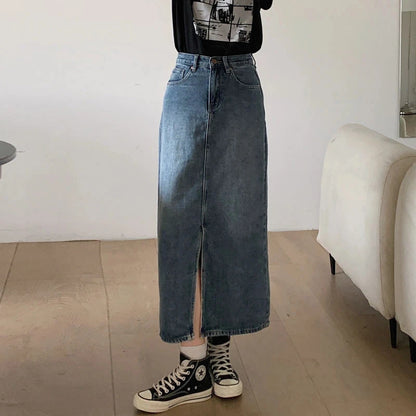 Women's Denim Wrap Skirts Retro High Waisted Split A-Line Denim Skirt Autumn Fashion Straight Skirt Female