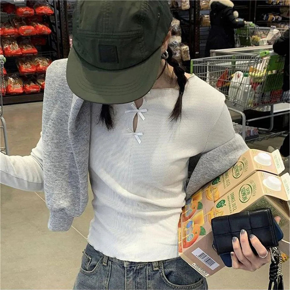 Bow Hollowed Out Sweet T-shirt 2024 Summer Slimming Long Sleeved T-shirt Women Blouses Korean Spicy Girl Bottoms Y2k Korean Tops