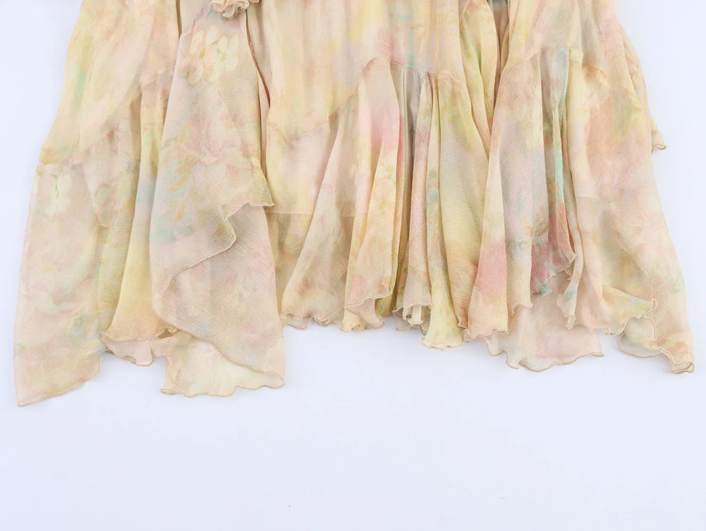 Boho Ruffled Watercolour Maxi Skirt in Pastel Chiffon