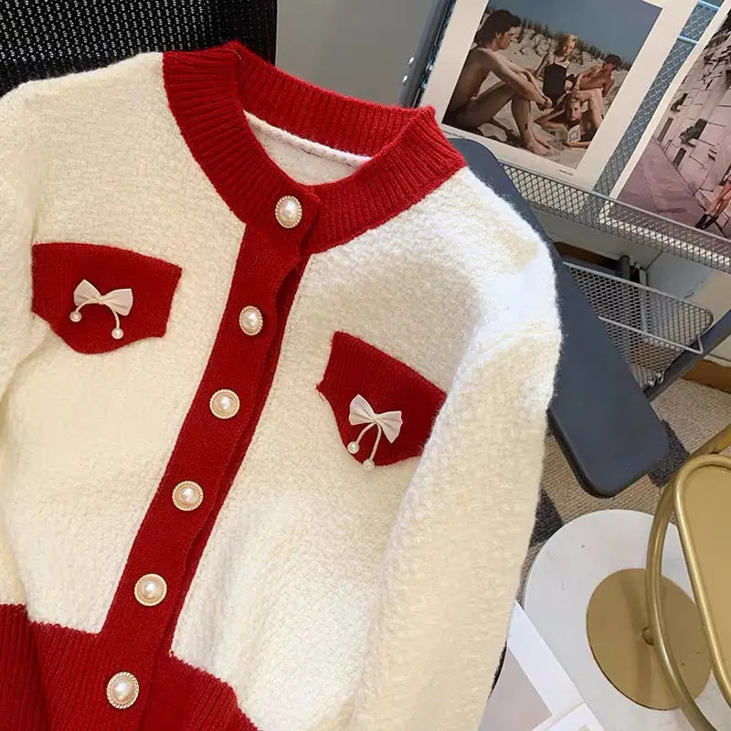 Popular and Beautiful Bow Tie Sweater Women's Autumn Outfit Design Sense Niche Knitted Cardigan Gentle and Stylish Red Jacket